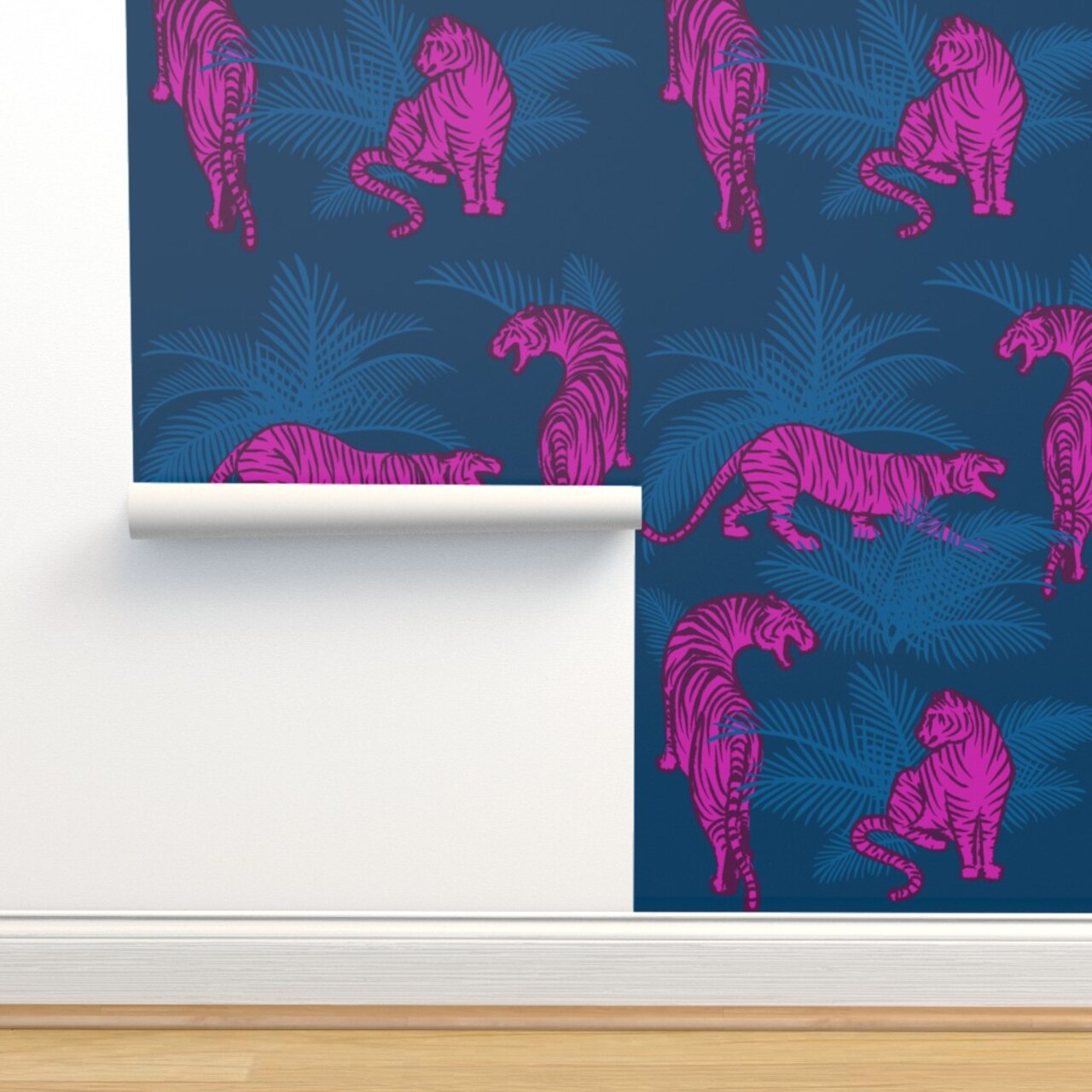 Maximalist Tigers Neon Pink Opulent Jungle Large Scale Hollywood Regency Custom Removable Wallpaper by Spoonflower Peel & Stick Wallpaper 2FT Wide